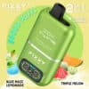 Fizzy Twins Green Vape Device Featuring 50,000 Puffs And Two Switchable Flavors, Blue Razz Lemonade And Triple Melon, With Images Of A Blue Drink, Watermelon, Cantaloupe, And Honeydew Slices.