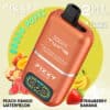 Fizzy Twins Vape Device Advertisement Showing A Peach-Colored Vape, Digital Display, And Highlighting Its 50,000 Puffs, Dual Flavors Of Peach Mango Watermelon And Strawberry Banana, With Images Of The Corresponding Fruits.