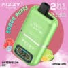 Green Fizzy Twins Vape Device With A Display Screen, Labeled With 50,000 Puffs And 2 In 1 Flavors, Featuring Watermelon Ice And Lemon Lime, On A Pink Background With Fruit Illustrations.