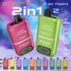 Colorful Fizzy Twins 2-In-1 Disposable Vape Devices Showcasing Different Flavors, Each Device Displaying Digital Controls And The Ability To Change Flavors.