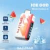 Promotional Image For Gazzbar Ice God Watermelon Ice Vape, Featuring The Device Surrounded By Ice Cubes And Watermelon Slices, With Text Highlighting 50,000 Puffs, Five Coolness Levels, And A Bit-Friendly Mouthpiece.