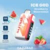 Gazzbar Ice God Strawberry Watermelon Vape Device Floating With Splashes Of Water, Ice Cubes, Strawberry And Watermelon Visuals, And Promotional Text Highlighting 50,000 Puffs, 5 Coolness Levels, And A Bit-Friendly Mouthpiece.