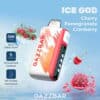 Promotional Image For A Gazzbar Ice God Vape With Cherry, Pomegranate, And Cranberry, Showing The Device Near Fruits And Ice, And Highlighting Features Like 50,000 Puffs, 5 Coolness Levels, And A Bit-Friendly Mouthpiece.