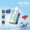 Promotional Image For Gazzbar Ice God Blue Razz Ice Vape, Showing The Device With Digital Display, Floating Blueberries And Raspberries, And Features Like 50,000 Puffs, 5 Coolness Levels, And A Bit-Friendly Mouthpiece Against A Blue Background.