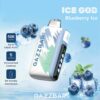Promotional Image For Gazzbar Ice God Blueberry Ice Disposable Vape, Featuring The Vape Device Surrounded By Blueberries And Ice Cubes, With Highlighted Features Like Up To 50,000 Puffs, Five Cooling Levels, And A Bit-Friendly Mouthpiece.