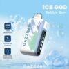 Promotional Image For The Gazzbar Ice God Bubble Gum Vape Showing The Device With A Digital Display, Surrounded By Blue Bubbles, And Featuring Text Highlighting 50,000 Puffs, Five Levels Of Personalized Coolness, And A Bit-Friendly Mouthpiece.
