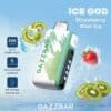 Gazzbar Vape Device In A Green And White Design With Floating Images Of Kiwis And A Strawberry Over Ice, Advertising Strawberry Kiwi Ice Flavor, 50,000 Puffs, Five Cooling Levels, And A Bit-Friendly Mouthpiece.
