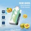 Promotional Image For Gazzbar'S 'Ice God' Vape Featuring Kiwi, Passion Fruit, And Guava Flavors, With Product Details Highlighting 50,000 Puffs, Five Cooling Levels, And A Bit-Friendly Mouthpiece, Alongside Images Of The Vape Device And Fruit.