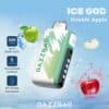 Promotional Image For Gazzbar Ice God Double Apple Vape, Featuring The Device With Splashing Green And Red Apples, Ice Cubes, And Text Highlighting 50,000 Puffs, 5 Cooling Levels, And A Bit-Friendly Mouthpiece.