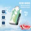 Gazzbar Vape Device Labeled 'Ice God Watermelon Bubble Gum' With Water Splashes, Floating Bubbles, Watermelon Slices, And Highlighted Features Such As 50,000 Puffs, 5 Coolness Levels, And A Bit-Friendly Mouthpiece.