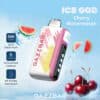 Gazzbar Ice God Cherry Watermelon Disposable Vape With A Colorful Device, Digital Display, And Images Of Cherries, Watermelon, And Ice Cubes In A Blue Background Highlighting Features Like 50,000 Puffs And Personalized Coolness.