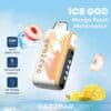 Promotional Image Of A Gazzbar Vape With An Ice-Themed Design, Featuring The Flavors Mango, Peach, And Watermelon, And Highlighting Features Like 50,000 Puffs, Five Coolness Levels, And A Bit-Friendly Mouthpiece, With Fruit And Ice Visuals In The Background.