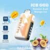 Promotional Image For Gazzbar Ice God Vape Featuring A White And Gold Device, Sliced Passion Fruit And Mango, Ice Cubes, And Text Highlighting Features Such As 50,000 Puffs, 5 Cooling Levels, And A Bit-Friendly Mouthpiece.