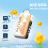 Promotional Image For Gazzbar Ice God Double Mango Vape, Showing The Vape Device With Abstract Mango And Ice Graphics, And Highlighted Features Including 50,000 Puffs, Five Coolness Levels, And A Comfortable Mouthpiece.