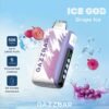 Gazzbar Ice God Grape Ice Vape Device With A Purple And White Design, Floating Among Ice Cubes And Grapes, Highlighting Features Like 50,000 Puffs, 5 Cooling Levels, And A Bit-Friendly Mouthpiece.