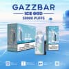 Gazzbar Ice God Miami Mint Disposable Vape Device And Packaging With Ice-Themed Design, Highlighting 50,000 Puffs, Adjustable Power And Airflow, E-Liquid And Power Display, And Triple Mesh Coil Features.