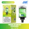 Jnr Mega Shisha Hookah-verpakking en apparaat voor de smaak Kiwi, Passievrucht en Guave, met een groen ontwerp, digitale puff-teller en een waarschuwingslabel over nicotineverslaving.