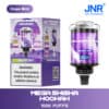Verpakking en product van Jnr Mega Shisha Hookah in de smaak Grape Mint, met een paars ontwerp, digitaal display en een waarschuwingslabel over nicotineverslaving.
