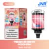 Jnr Mega Shisha Hookah Peach Ice-smaakverpakking en apparaat, met roze kristallijn ontwerp, digitaal display, producteigenschappen, gezondheidswaarschuwing en claim voor 100.000 trekjes.