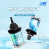 Advertentie voor Jnr Mega Shisha Hookah 100000 met twee draagbare hookah-apparaten met digitale displays, ijsblauwe achtergronden en tekst die 100.000 trekjes en een bosbessenijssmaak promoot.
