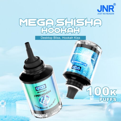 Advertentie voor JNR Mega Shisha Hookah 100000 met twee draagbare waterpijpapparaten met digitale displays, ijsblauwe achtergronden en tekst die 100.000 trekjes en een bosbessenijssmaak promoot.