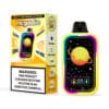 Mr. Goodie Mango Ananas -Eis verfügbares Vape -Gerät und Verpackung mit einem lebendigen Design mit einem gelben Planeten und farbenfrohen Neongrenze sowie prominente Warnungen über Nikotingehalt und Produktmerkmale wie Abyss Mirror Display und Ice Control.