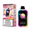 Buntes Mr. Goodie Vape Packaging und Gerät mit der Bezeichnung "Juicy Peach Ice" mit einem digitalen Display mit einem Cartoon -Planeten -Design und einer prominenten Nikotinwarnung auf der Schachtel.