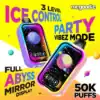 Colorful Advertisement Featuring Two Mr. Goodie Vape Devices With Galaxy-Themed Screens, Promoting Features Like 3-Level Ice Control, Party Vibez Mode, Full Abyss Mirror Display, And 50,000 Puffs, On A Bright Yellow And White Background With Floating Planets.