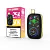 Mango ananas ijsaroma Mr. Goodie Vape-apparaat en verpakking met een levendige afbeeldingen met ruimtethema met een groene UFO, planeten en een waarschuwingslabel over nicotineverslaving.