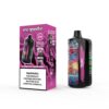 De heer Goodie Blueberry Lemon Mint Vape -apparaat en verpakking, met een kleurrijk abstract ontwerp, productspecificaties en een nicotine -waarschuwingslabel.