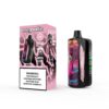 Mr. Goodie Disposable Vape -apparaat en verpakking in de aardbeienclaimsaroma, met een roze en zwart abstract ontwerp en een prominent nicotine -waarschuwingslabel.