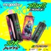 Kleurrijke advertentie voor Mr.Goodie Disposable Vapes met drie vape-apparaten, een met een gorilla met een zonnebrilontwerp, met een markering van 50.000 suffels, 12 smaken, twee modi (DTL & amp; MTL), en beschikt over een verstelbare luchtstroom en 1100 mAh batterij op een vioolachtige graffiti-stijl achtergrond.