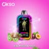 Appareil de vapotage Okso coloré avec un affichage numérique représentant un guitariste, entouré de kiwis éclaboussants et de fruits de la passion sur un fond rose, avec le texte « Kiwi Passion Fruit » en bas.