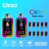 Image promotionnelle pour Okso Magic Mirror Vape, comprenant deux appareils de vape colorés avec des personnages illustrés sur les écrans, une sélection de saveurs et des fonctionnalités de produit telles qu'une bobine à double maille, un type C rechargeable, une batterie de 850 mAh, un e-liquide de 40 ml et 5 000 bouffées.