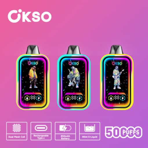 Drie kleurrijke OKSO-vape-apparaten worden rechtop weergegeven tegen een roze achtergrond met kleurverloop. Elk apparaat heeft een levendige karakterillustratie op het scherm en opvallende functies zoals een dubbele mesh-coil, een oplaadbare Type-C-batterij, een 850 mAh-batterij, 40 ml e-liquid en 5000 trekjes. OKSO-Magic-Mirror-50000