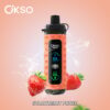OKSO Shishab-apparaat met een ontwerp met aardbei-thema, digitaal display en verse aardbeien en spatten van water, met het label 'Strawberry Punch'.