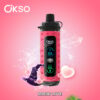 Roze OKSO Shishab Vape -apparaat met digitaal display, omgeven door hartvormen en een cartoon heksenhoed, op een roze achtergrond met het label 'Magic Love'.
