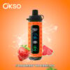 Oranje okso elektronisch vape -apparaat met digitaal display, omgeven door spatten water, een aardbei en watermeloenplakken, tegen een oranje achtergrond met 'Strawberry Watermelon' tekst.