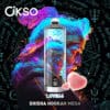 Kleurrijk Shisha Hookah Vape-apparaat met het label 'OKSO', 'Love66' en 'Shisha Hookah Mega' set tegen een levendige, neonkleurige abstracte achtergrond met mystieke symbolen en handschrift.