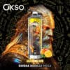 Promotionele afbeelding voor Ökso met een gestileerde, gloeiende leeuw, geheimzinnige symbolen en producttekst adverteren Mango Ice Shisha Hookah Mega.
