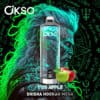 Een fles Okso Two Apple Shisha Hookah Mega met een abstracte, neongroene en blauwe achtergrond, met rode en groene appels op de voorgrond en gestileerde Rune-achtige patronen en symbolen.