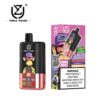Wegwerp-vape-apparaat met drie smaken en een cartoonaap met een zonnebril en een hoed, afgebeeld naast de kleurrijke verpakking met smaken, een etiket voor 60.000 trekjes en een waarschuwing voor nicotineverslaving.