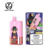 Roze Triple Flavor Vape-apparaat met een cartoonaapje met een zonnebril en een hoed, naast de verpakking die hetzelfde ontwerp, dezelfde smaakopties en een nicotinewaarschuwingslabel toont.