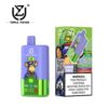 Wegwerp-vape-apparaat met drie smaken en verpakking met een cartoon-aap met zonnebril en hoed, met gelabelde smaken en een nicotinewaarschuwing.
