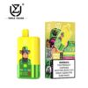 Wegwerp-vape-apparaat met drie smaken en verpakking met een cartoon-aap met een zonnebril en een tropisch shirt, met een prominent label met de tekst 60.000 trekjes, smaken vermeld als Mr Blue, Gummy Bear en Red Bull Ice en een waarschuwing voor nicotineverslaving.
