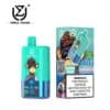 Wegwerp-vape-apparaat en verpakking met een cartoon-aap met een zonnebril en een muts, met het label 'Triple Flavor' en '3 In 1', goed voor 60.000 trekjes en smaken zoals Cherry Ice, Mixed Berries en Black Dragon Ice, met een waarschuwing voor nicotineverslaving.
