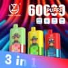 Drie kleurrijke wegwerp-vape-apparaten met cartoon-aapillustraties, gelabeld 'Triple Flavor' en voorzien van 6000 trekjes, Triple Mesh-coil, 54 ml capaciteit, 850 mAh-batterij en Type-C-poort, tegen een levendige, wervelende achtergrond met de promotietekst '3 in 1'. Uzy Triple Flavor 60000 trekjes