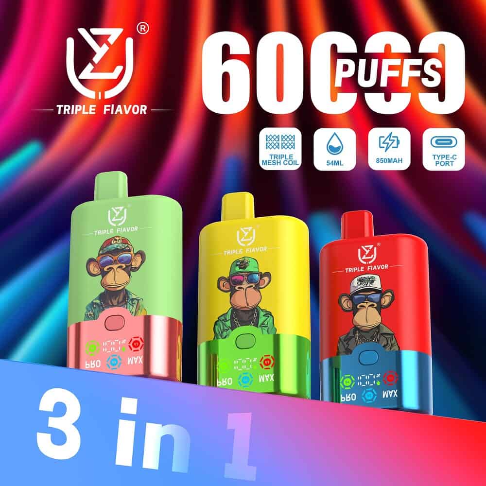 Drie kleurrijke wegwerp-vape-apparaten met cartoon-illustraties van apen, met het label 'Triple Flavor' en voorzien van 6000 trekjes, een drievoudige mesh-spoel, een capaciteit van 54 ml, een 850 mAh-batterij en een Type-C-poort, tegen een levendige, wervelende achtergrond met de promotietekst '3 in 1'. UZY Triple Flavor 60000 trekjes