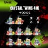 Advertentie voor Uwin Crystal Twins 40K wegwerp-vapes met tien verschillende smaken, belangrijke productkenmerken zoals 40.000 trekjes, twee smaken, 850 mAh-batterij, 32 ml capaciteit en nicotinegehalte, met levendige fruitafbeeldingen en productbranding.