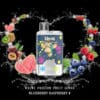 Uwin Vape-apparaat met een cartoon-aapontwerp, omringd door spetters water, guave, kiwi, passievrucht, bosbessen en frambozen, en met de smaken kiwi, passievrucht, guave en bosbes en framboos.